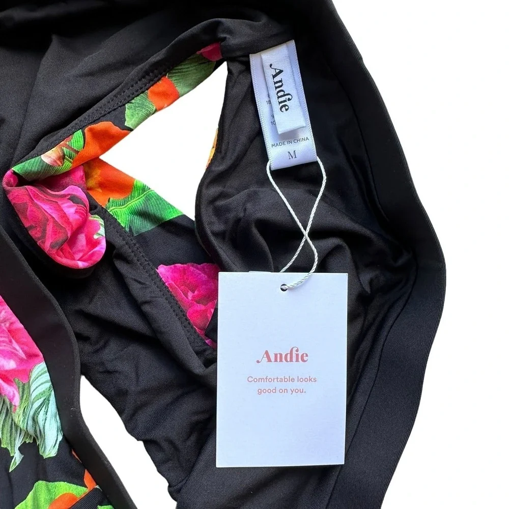 andie swim the banded cheeky bottom in black and pink floral, women size medium